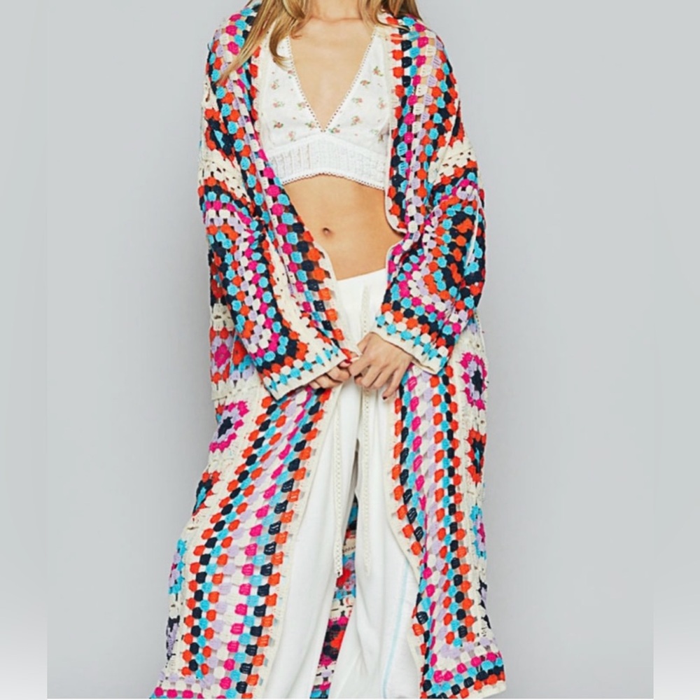 POL Colorful Granny Square Crochet
Long Cardigan Duster Kimono